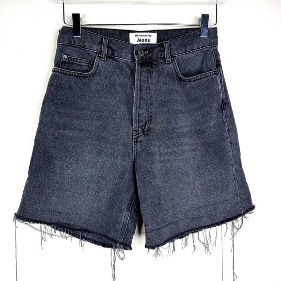 Reformation Black Denim Cut Off Jean Shorts High Waisted Long Button Fly 24 - Picture 1 of 5